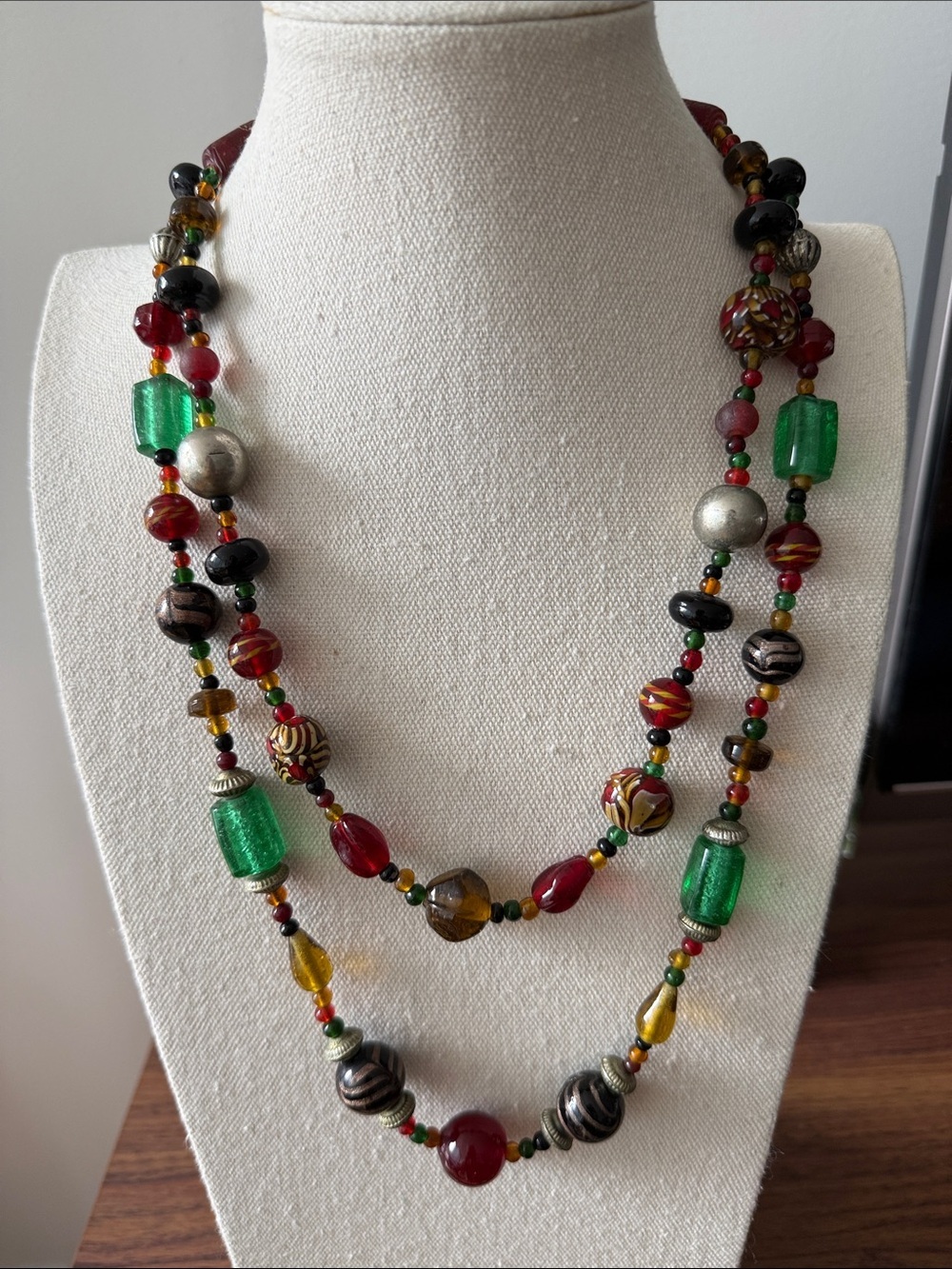 Vintage Murano Art Glass & Foiled Bead Double Strand Silver Tone Necklace.
